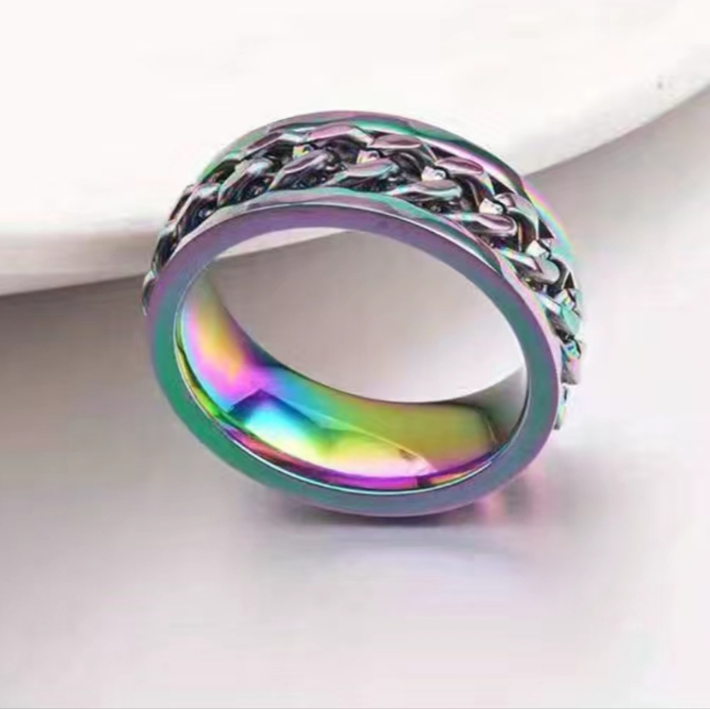 8mm men or womens stainless steel rainbow spinner ring size 6 to 12 available